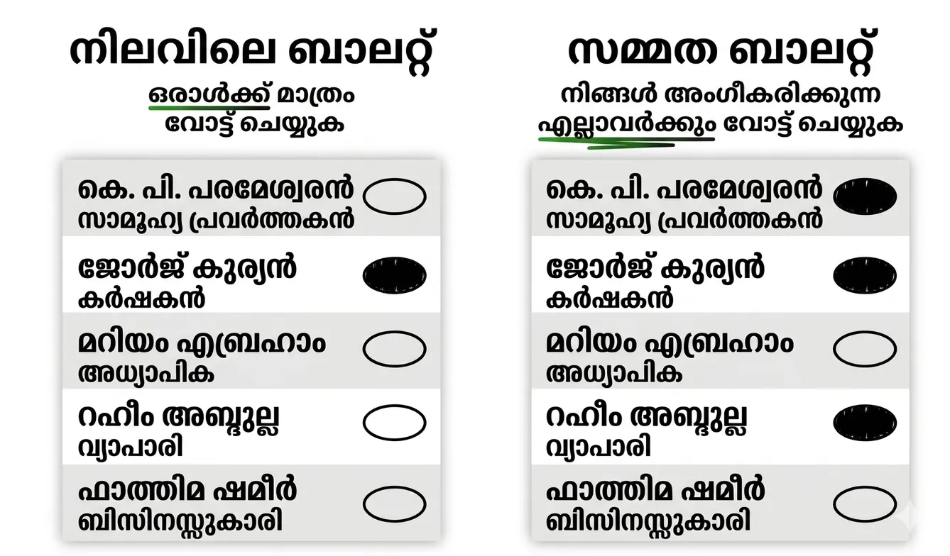 An example ballot illustrationg difference of FPTP and Approval Voting methods